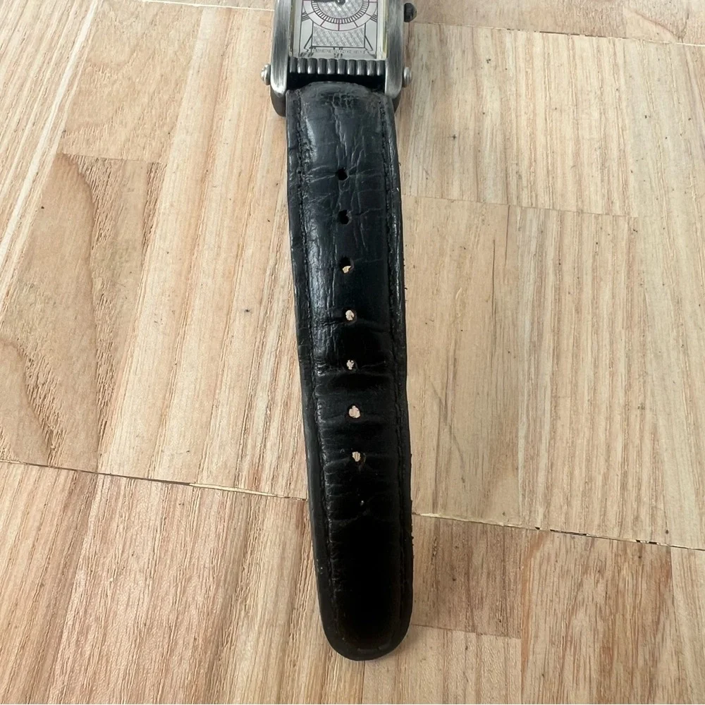 Rare Fossil silver tone curvex crystal black leather dress watch NEW BATTERY